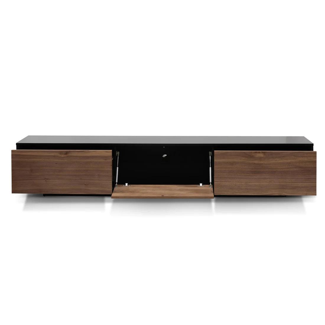 Wagon 2.3m Wooden Entertainment Unit - Black with Walnut Drawers - Furniture Castle