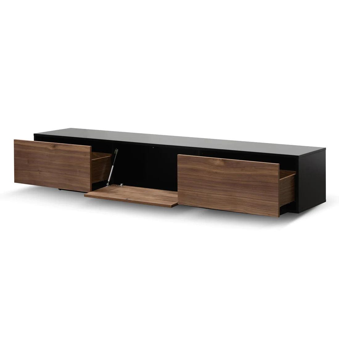 Wagon 2.3m Wooden Entertainment Unit - Black with Walnut Drawers - Furniture Castle