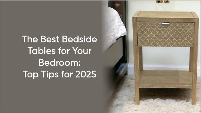 Modern bedroom with white bedside table, books, and a cup – 2025 bedside table trends