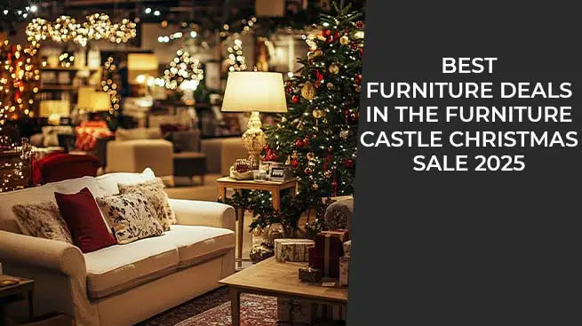 A festive furniture showroom with a white upholstered sofa, decorative pillows, and a lit Christmas tree. 