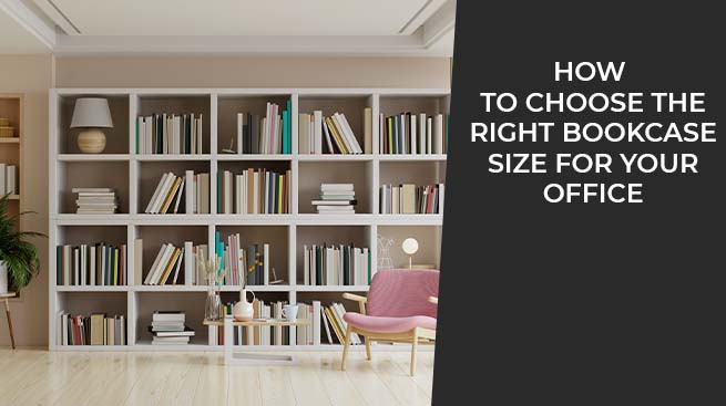 Modern home office featuring a large white bookcase filled with books and a pink armchair.