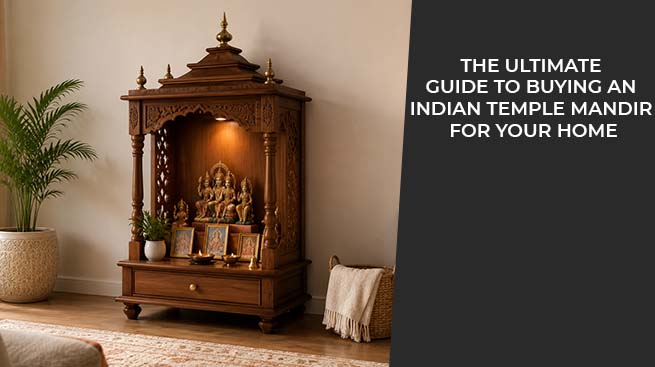 Traditional wooden Indian temple mandir with intricate carvings and Hindu idols placed in a beautifully decorated home interior