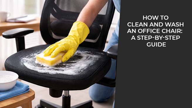 person cleaning office chair seat with sponge and soap for deep cleaning