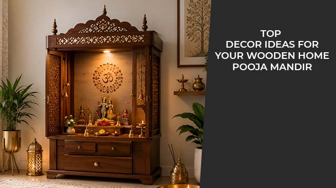 Elegant wooden home pooja mandir with traditional décor and warm ambient lighting