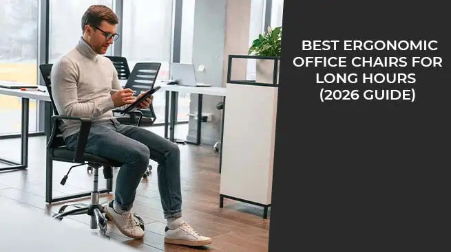 A professional man sitting on a high-back mesh ergonomic office chair while using a tablet, demonstrating lumbar support for long hours.