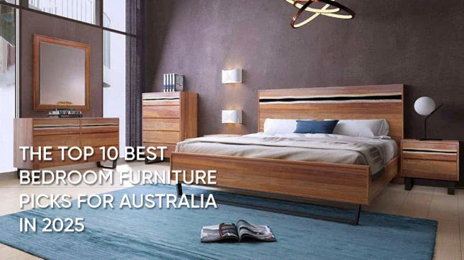 Modern wooden bedroom furniture set with bed, side tables, dresser, and mirror – featured in Australia's top 10 furniture picks for 2025.