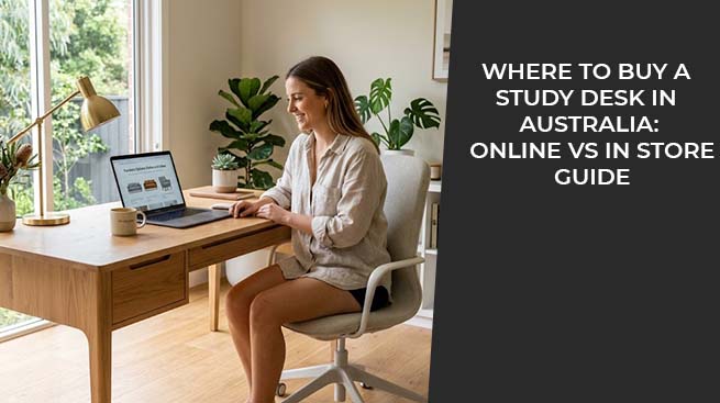 Woman using a wooden study desk in a bright home office workspace 
