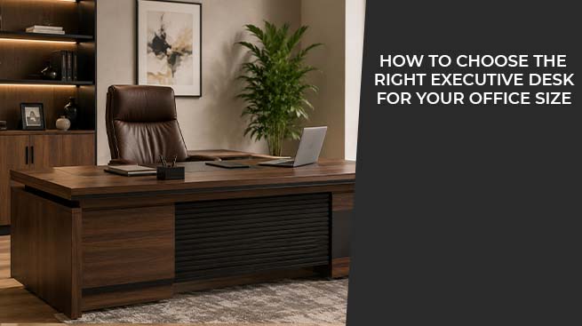 Large wooden executive desk styled in a spacious modern home office