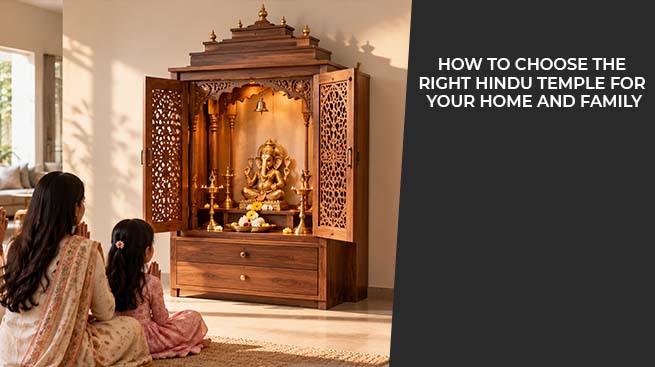 Wooden Hindu temple for home with intricate carved panels, drawers and a traditional Ganesha idol