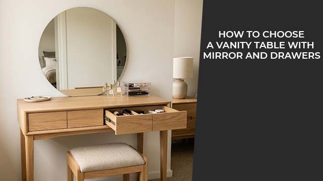 Wooden vanity table with a round mirror, built-in drawers and a cushioned stool in a modern bedroom.