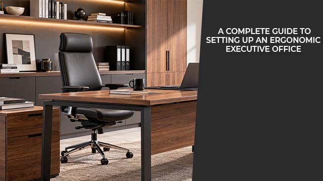 Modern ergonomic executive office with a wooden desk, black office chair and built-in storage