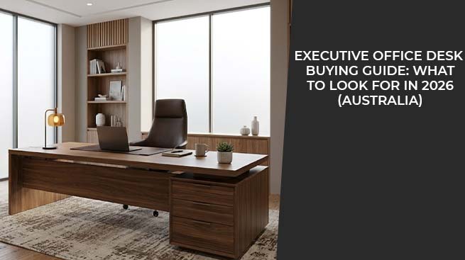 Modern executive wooden office desk in a contemporary office with large windows