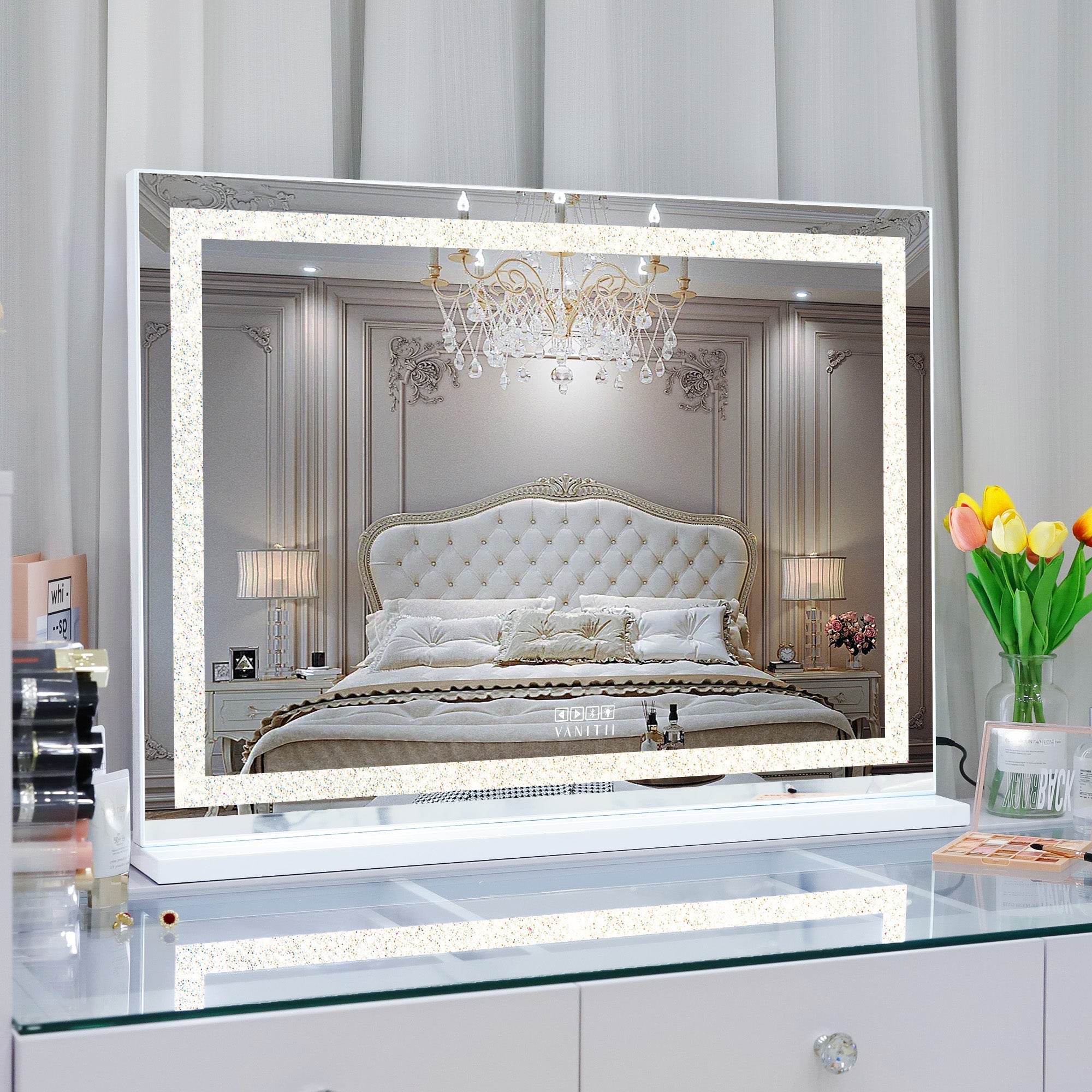 Crystal Vanity Mirror with Bluetooth-Hollywood led strip Music Mirror 80x 58cm