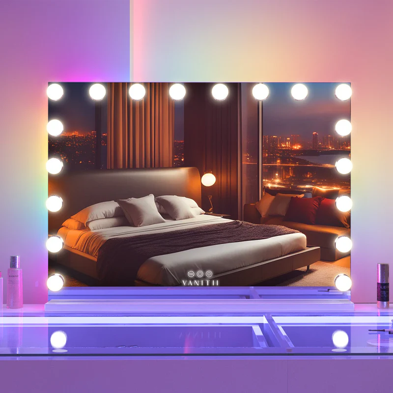 Vanity Mirror with RGB and Bluetooth Speaker- 18 Dimmable LED Bulbs 80 x 58cm