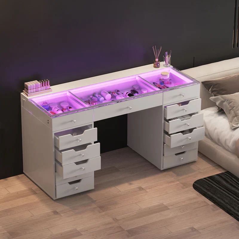 Eva Vanity Desk - 13 Storage Drawers with Full Light &RGB