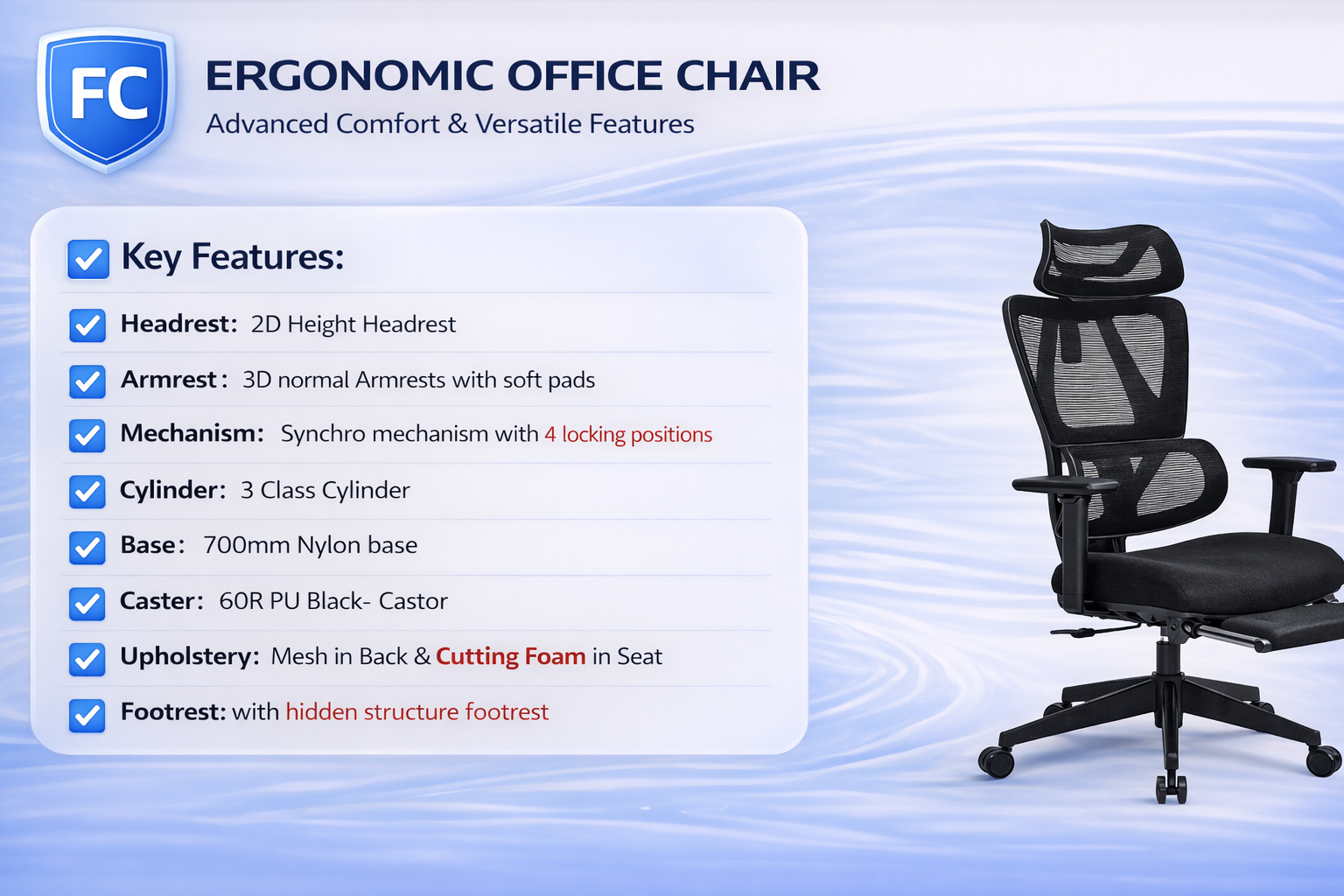 Alpha High Back Ergonomic Mesh Chair – Black Frame with Footrest