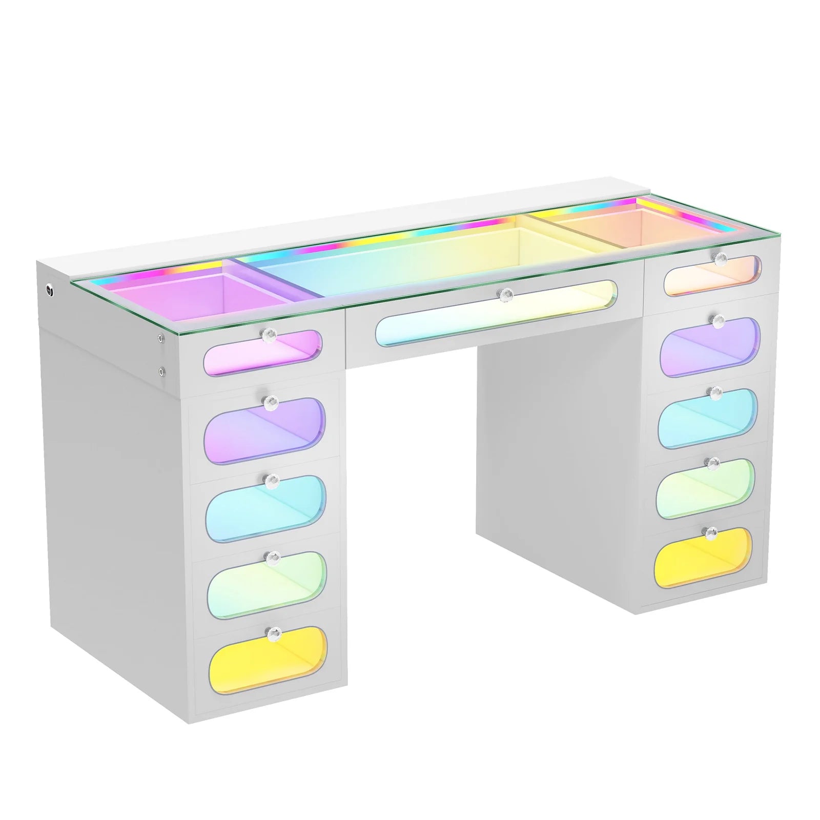 Priscilla Vanity Desk-11 Glass Fronted Drawers with Crystal Handles