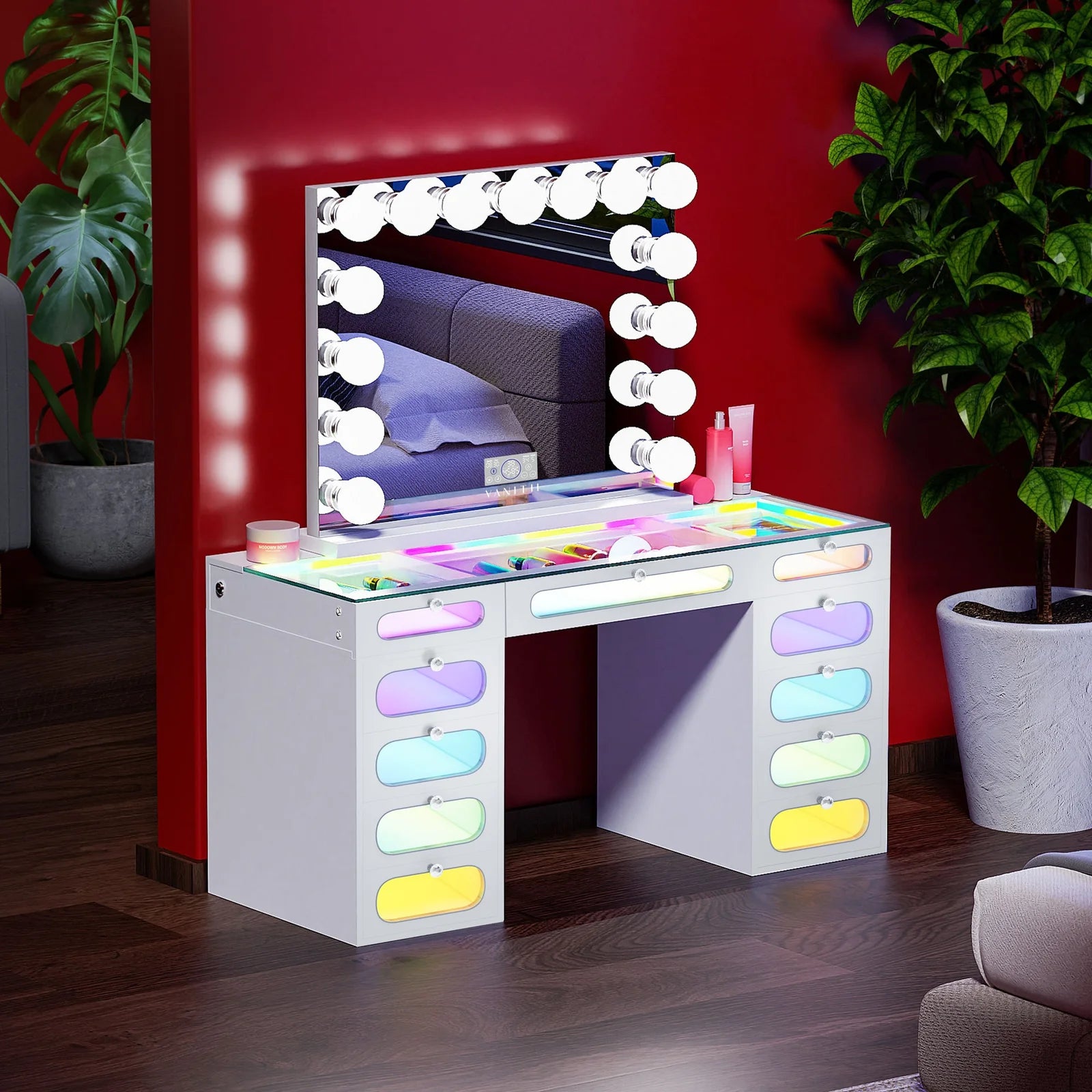 Priscilla Vanity Desk-11 Glass Fronted Drawers with Crystal Handles
