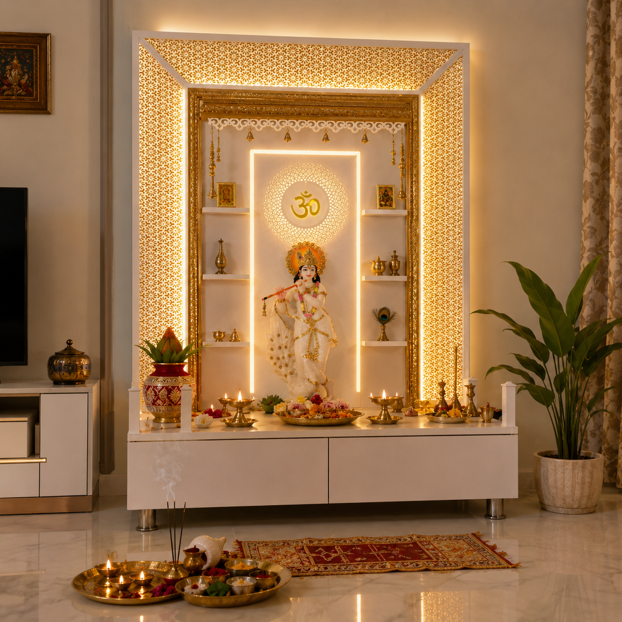F C Wooden Pooja Mandir with Twin Drawers and Ledges wide