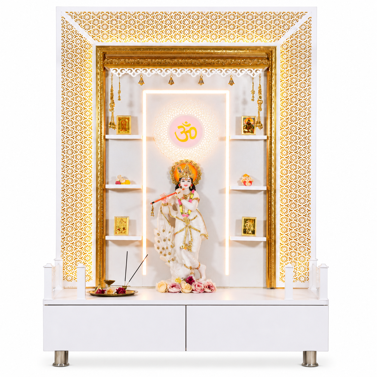 F C Wooden Pooja Mandir with Twin Drawers and Ledges wide