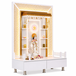F C Wooden Pooja Mandir with Twin Drawers and Ledges wide