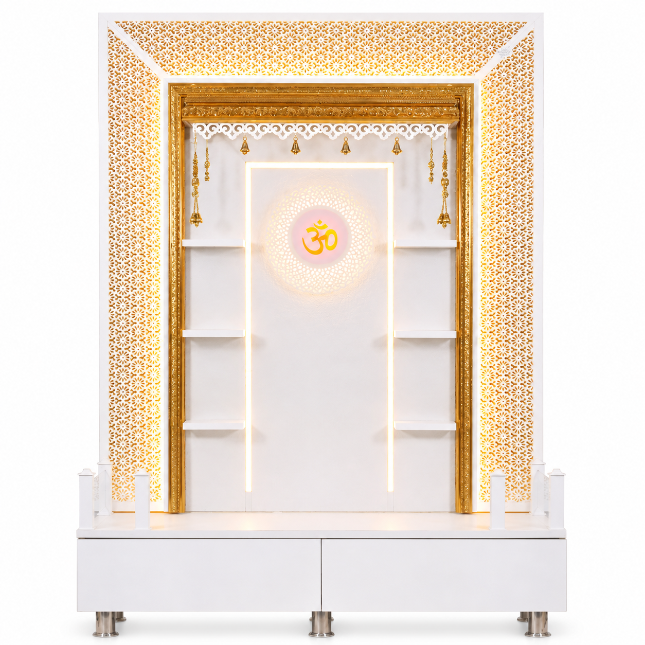 F C Wooden Pooja Mandir with Twin Drawers and Ledges wide