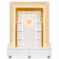 F C Wooden Pooja Mandir with Twin Drawers and Ledges wide