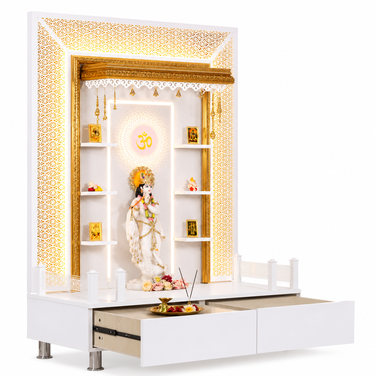 F C Wooden Pooja Mandir with Twin Drawers and Ledges wide