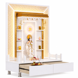 F C Wooden Pooja Mandir with Twin Drawers and Ledges wide