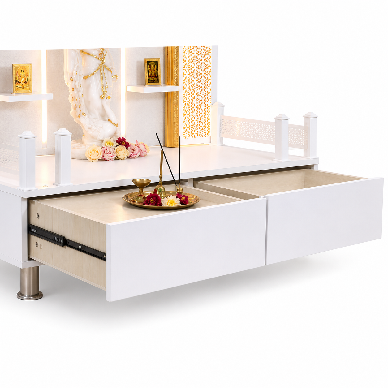 F C Wooden Pooja Mandir with Twin Drawers and Ledges wide