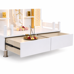 F C Wooden Pooja Mandir with Twin Drawers and Ledges wide