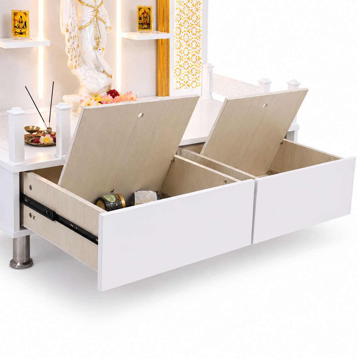 F C Wooden Pooja Mandir with Twin Drawers and Ledges wide