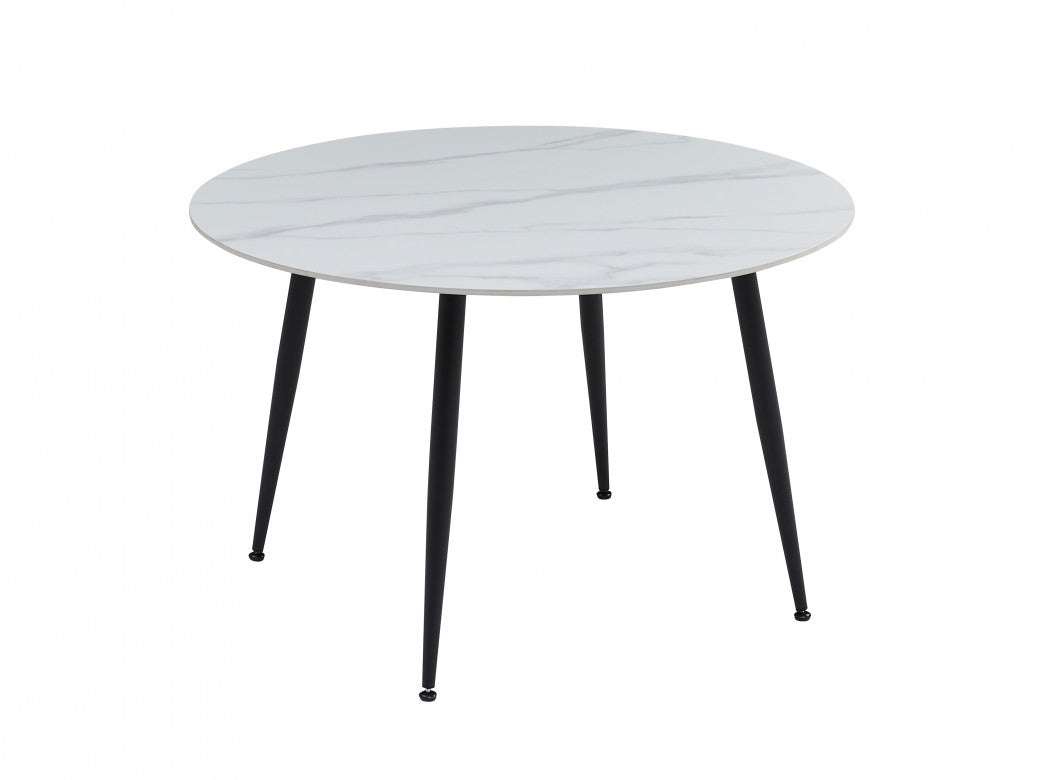 Denver Round Dining Table – Snow White Marble Effect | Black Frame