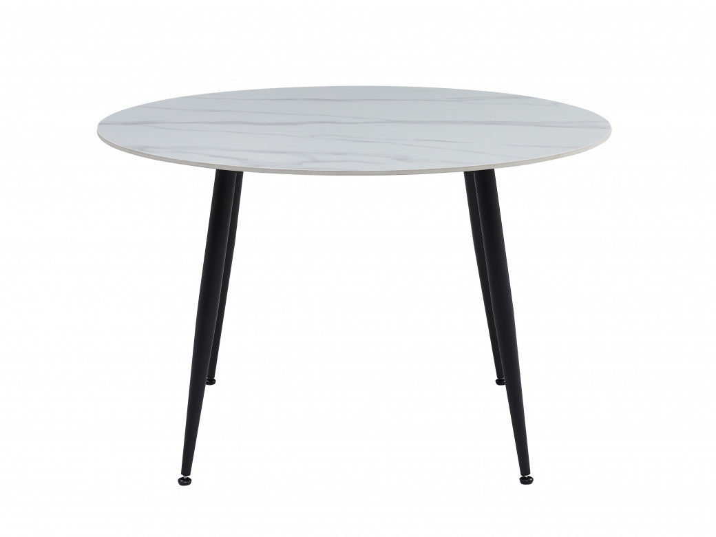 Denver Round Dining Table – Snow White Marble Effect | Black Frame