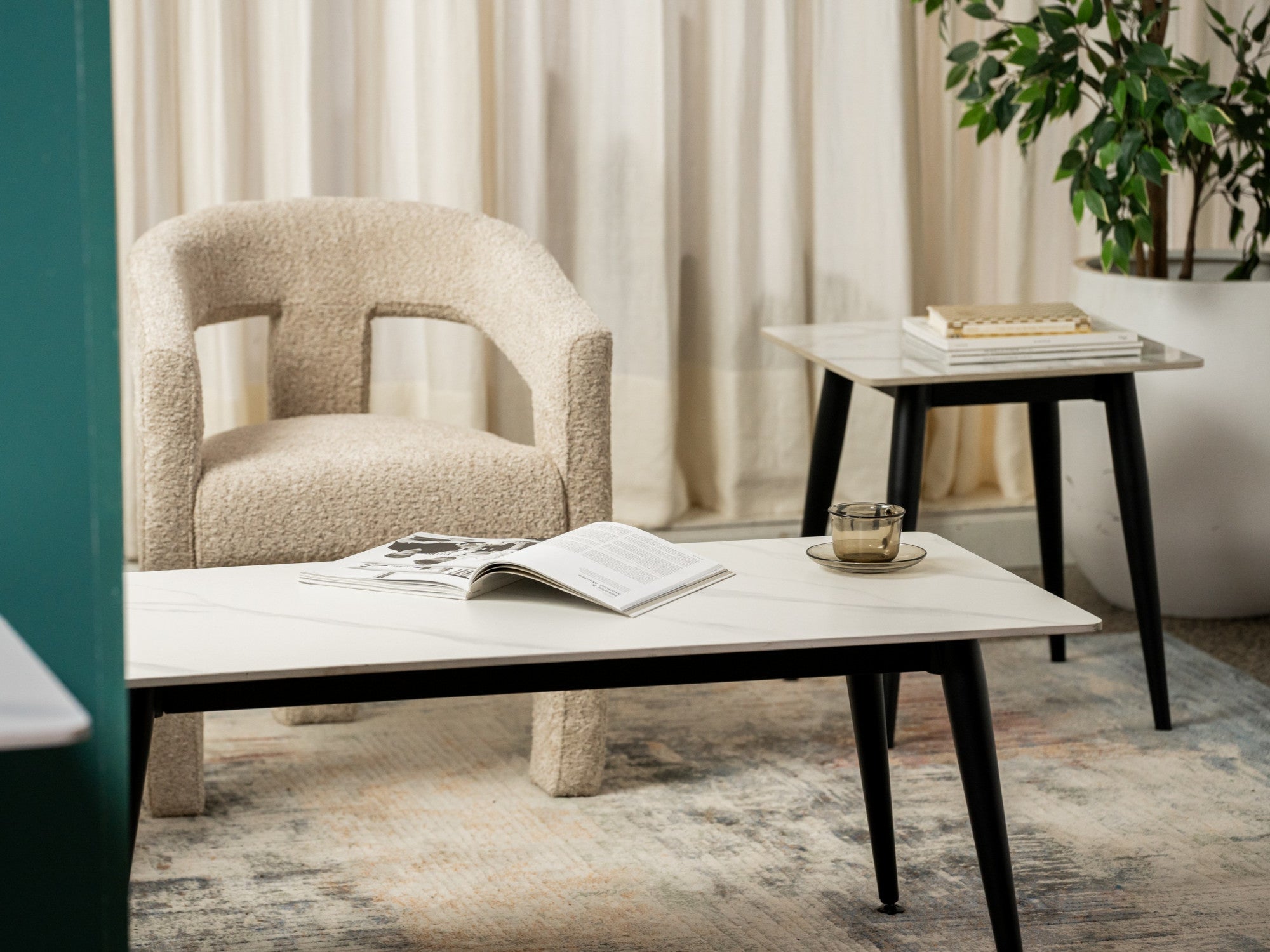 Bentley Side Table – Snow White Marble Effect | Black Frame