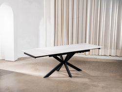 Newcastle Extension Dining Table – Snow White Marble Effect | Black Cross Leg Frame