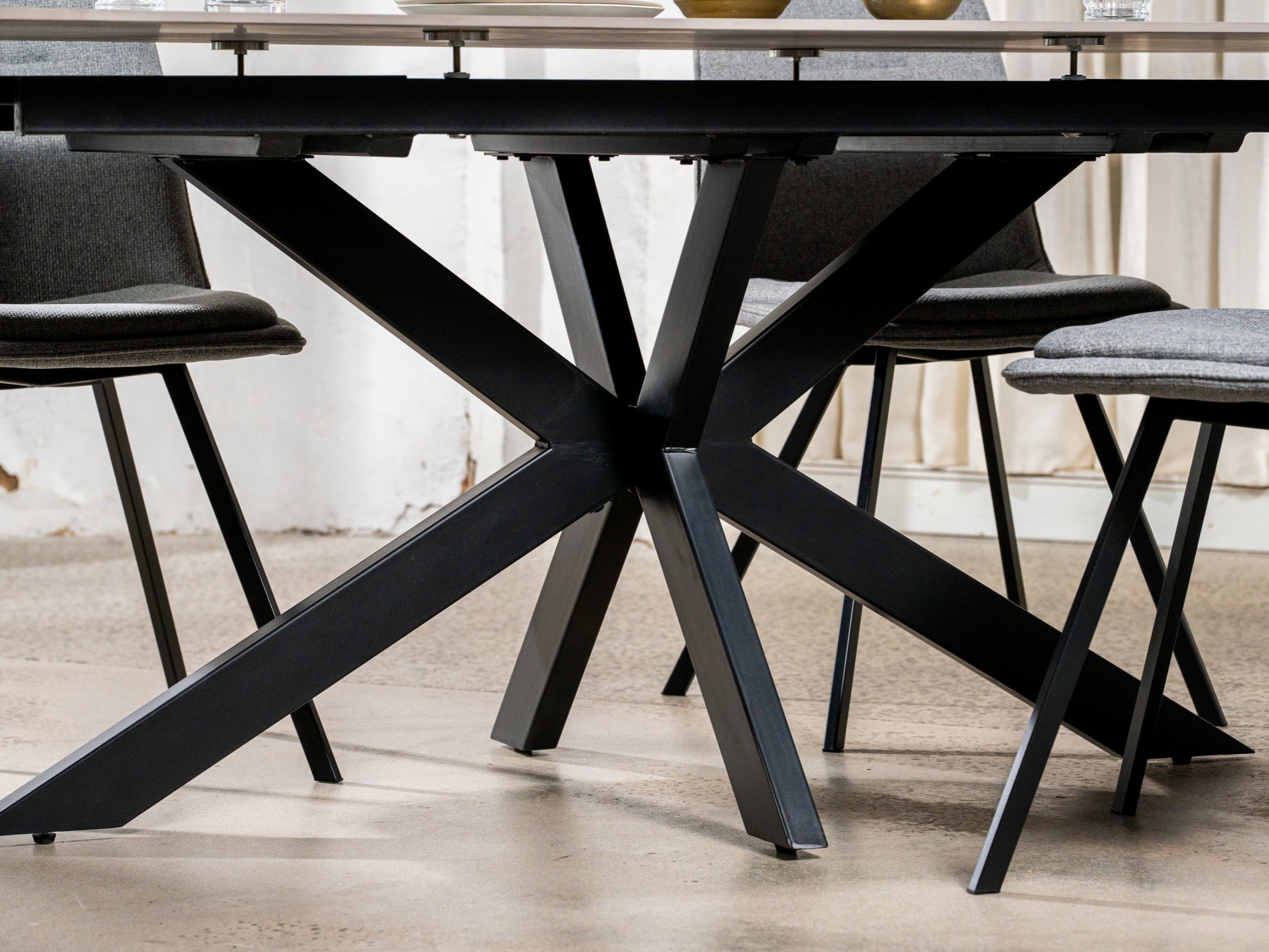 Newcastle Extension Dining Table – Snow White Marble Effect | Black Cross Leg Frame