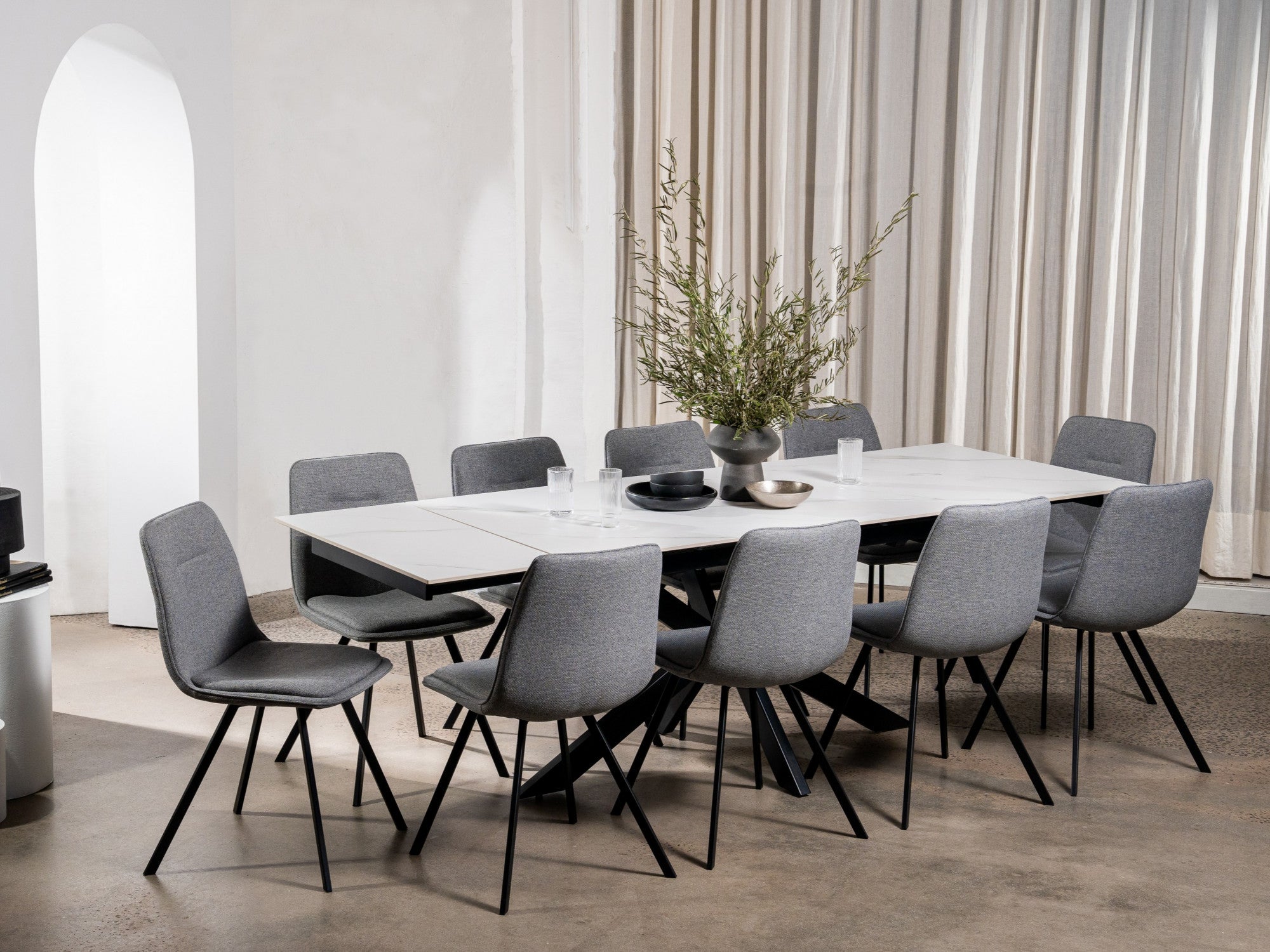 Newcastle Extension Dining Table – Snow White Marble Effect | Black Cross Leg Frame