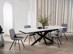 Newcastle Extension Dining Table – Snow White Marble Effect | Black Cross Leg Frame