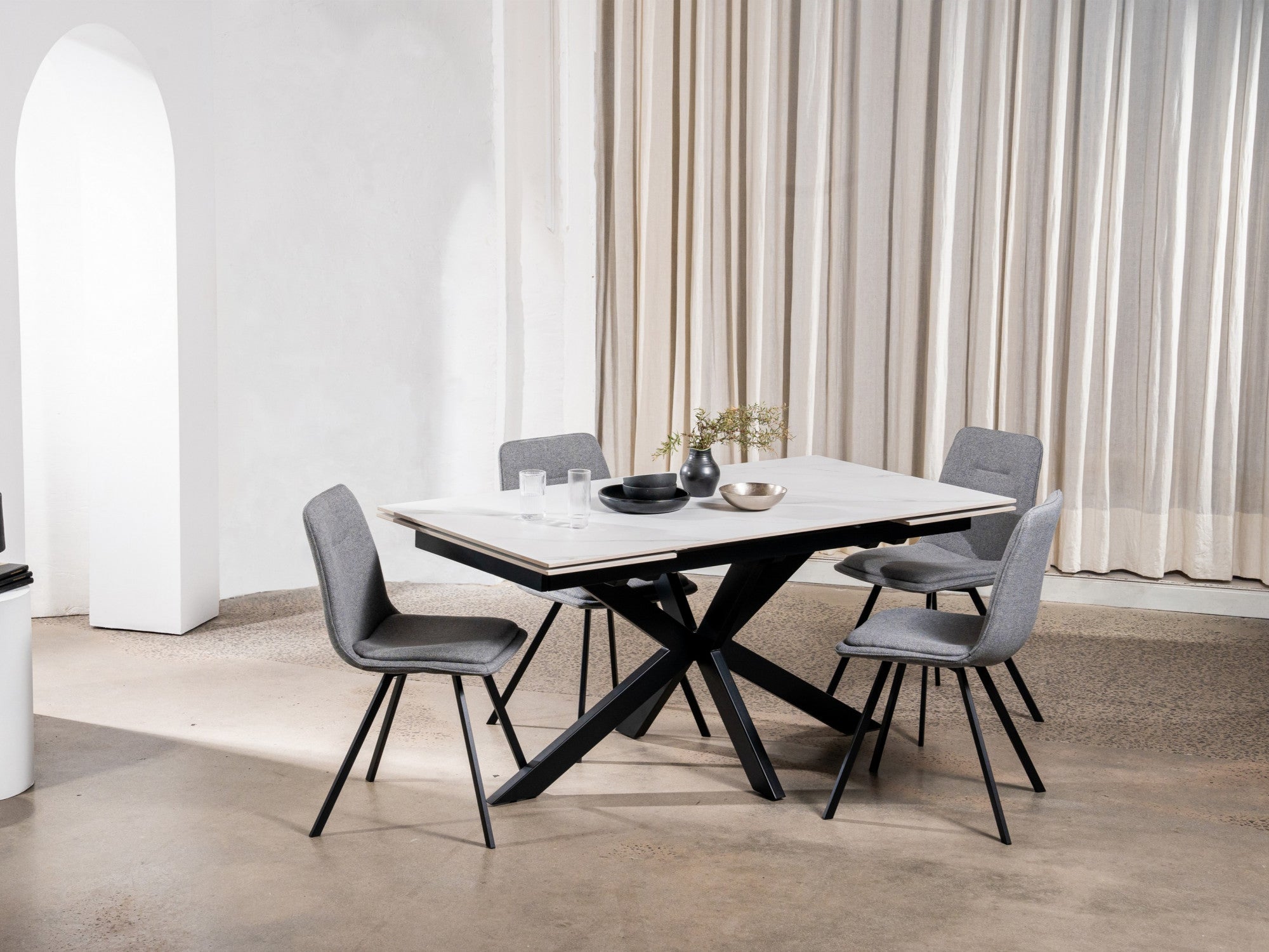 Newcastle Extension Dining Table – Snow White Marble Effect | Black Cross Leg Frame