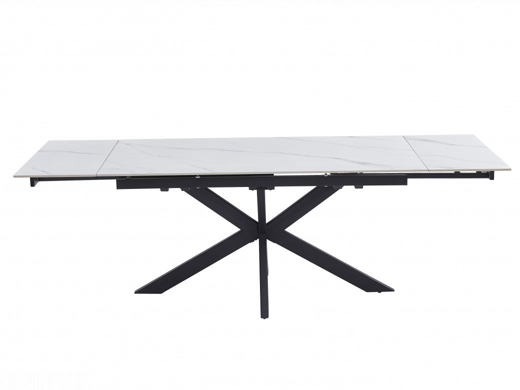 Newcastle Extension Dining Table – Snow White Marble Effect | Black Cross Leg Frame