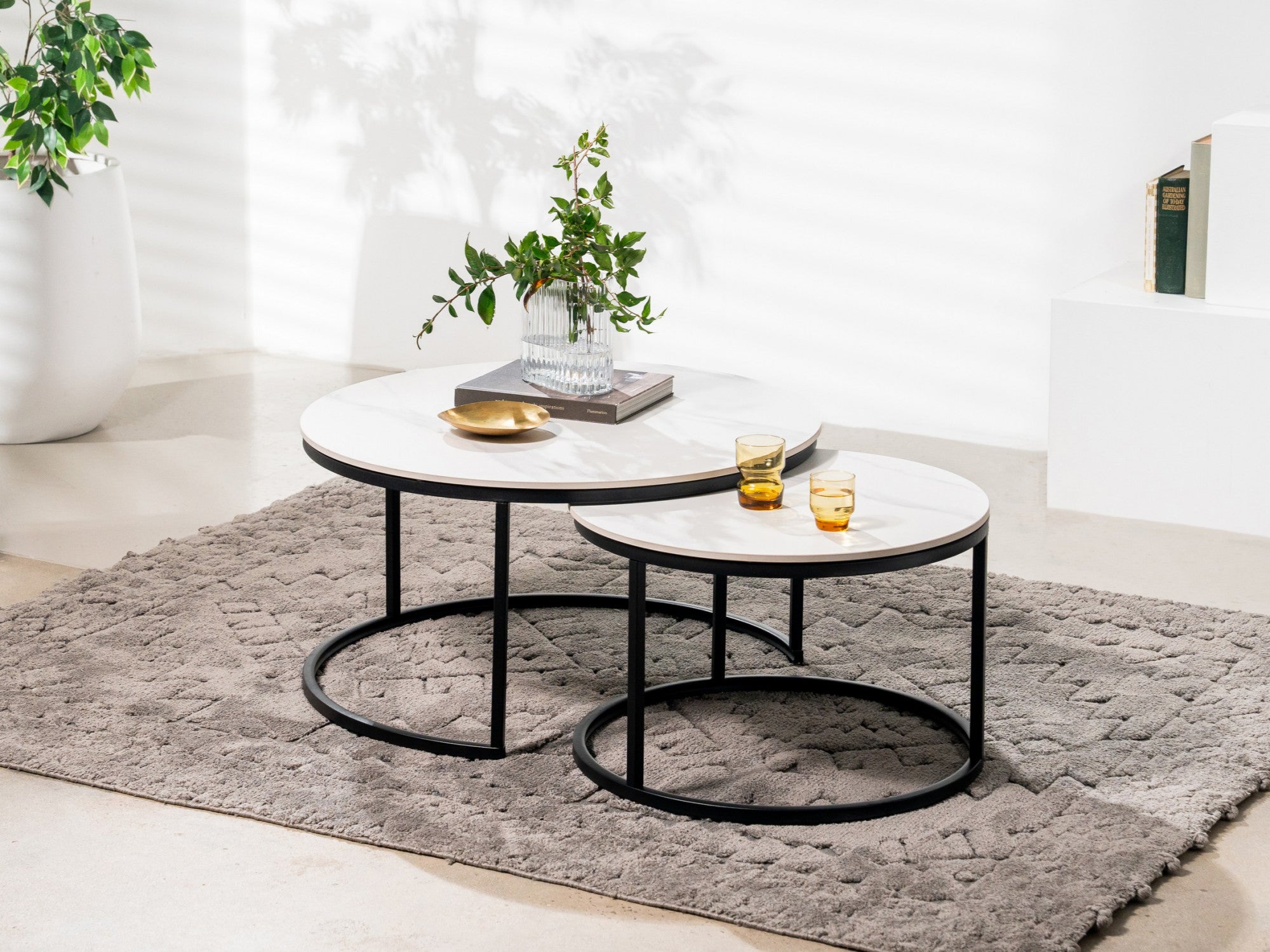 Snow Coffee Table Set – Snow White Marble Effect | Black Frame (Set of 2)