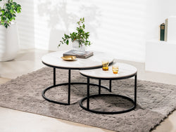 Snow Coffee Table Set – Snow White Marble Effect | Black Frame (Set of 2)