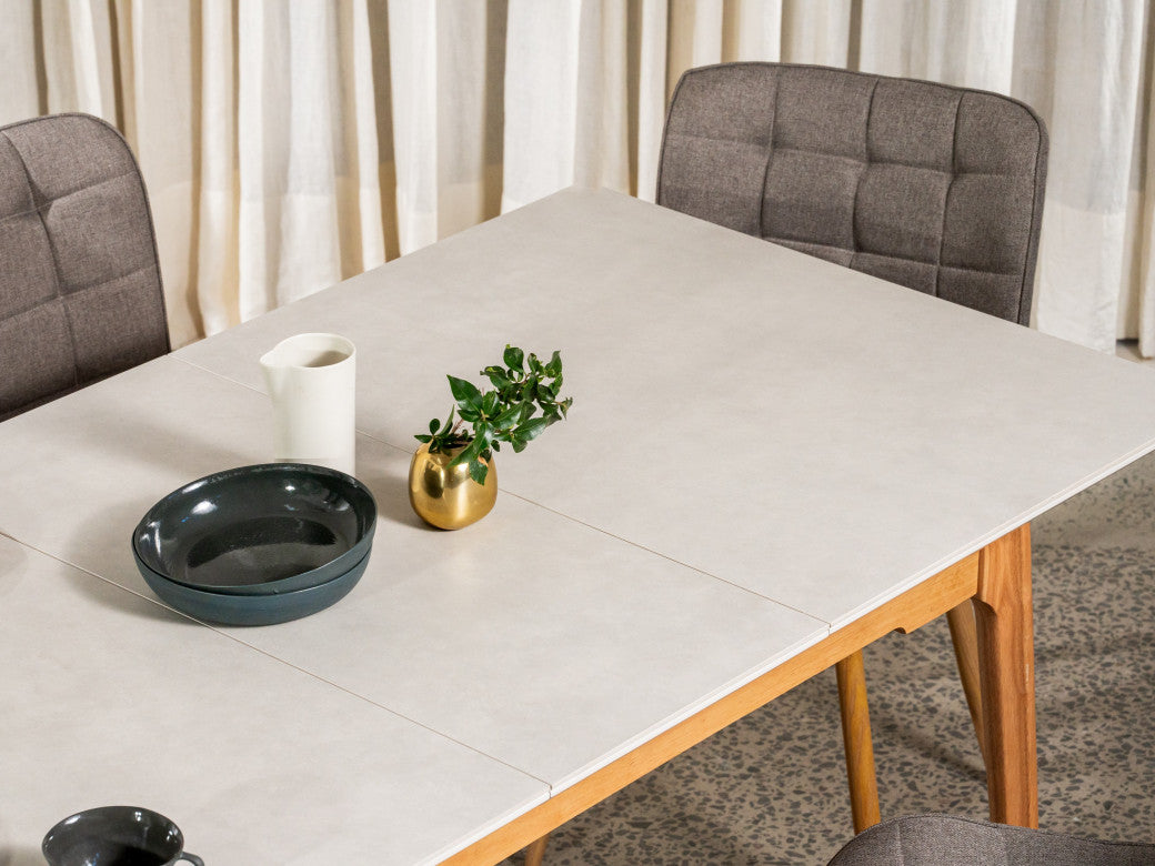 Norway Extension Dining Table – Light Grey Ceramic | Natural Timber Frame