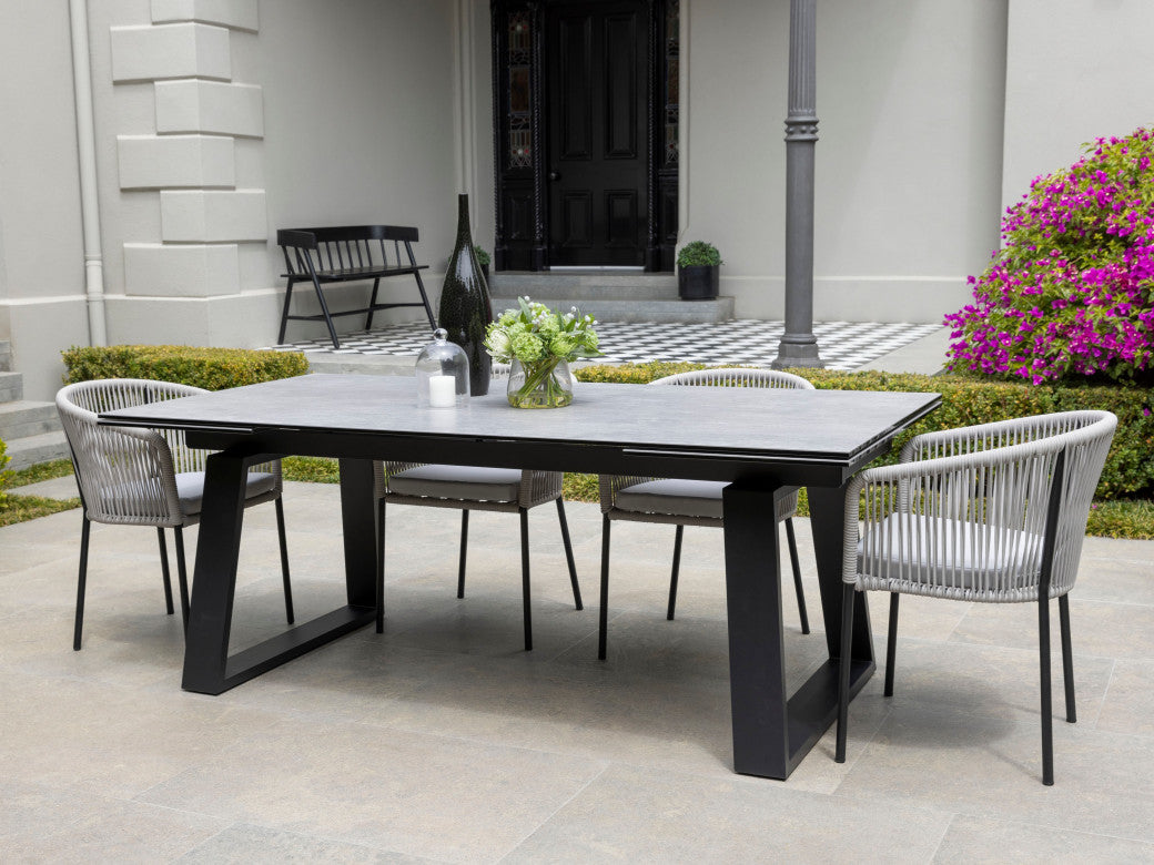 Baluga Extension Dining Table – Andesite Stone Effect | Black Frame