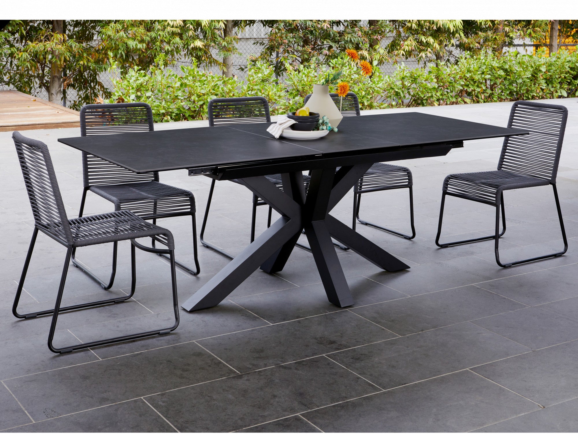 Venetti Extension Dining Table – Blizzard Stone Effect | Black Frame