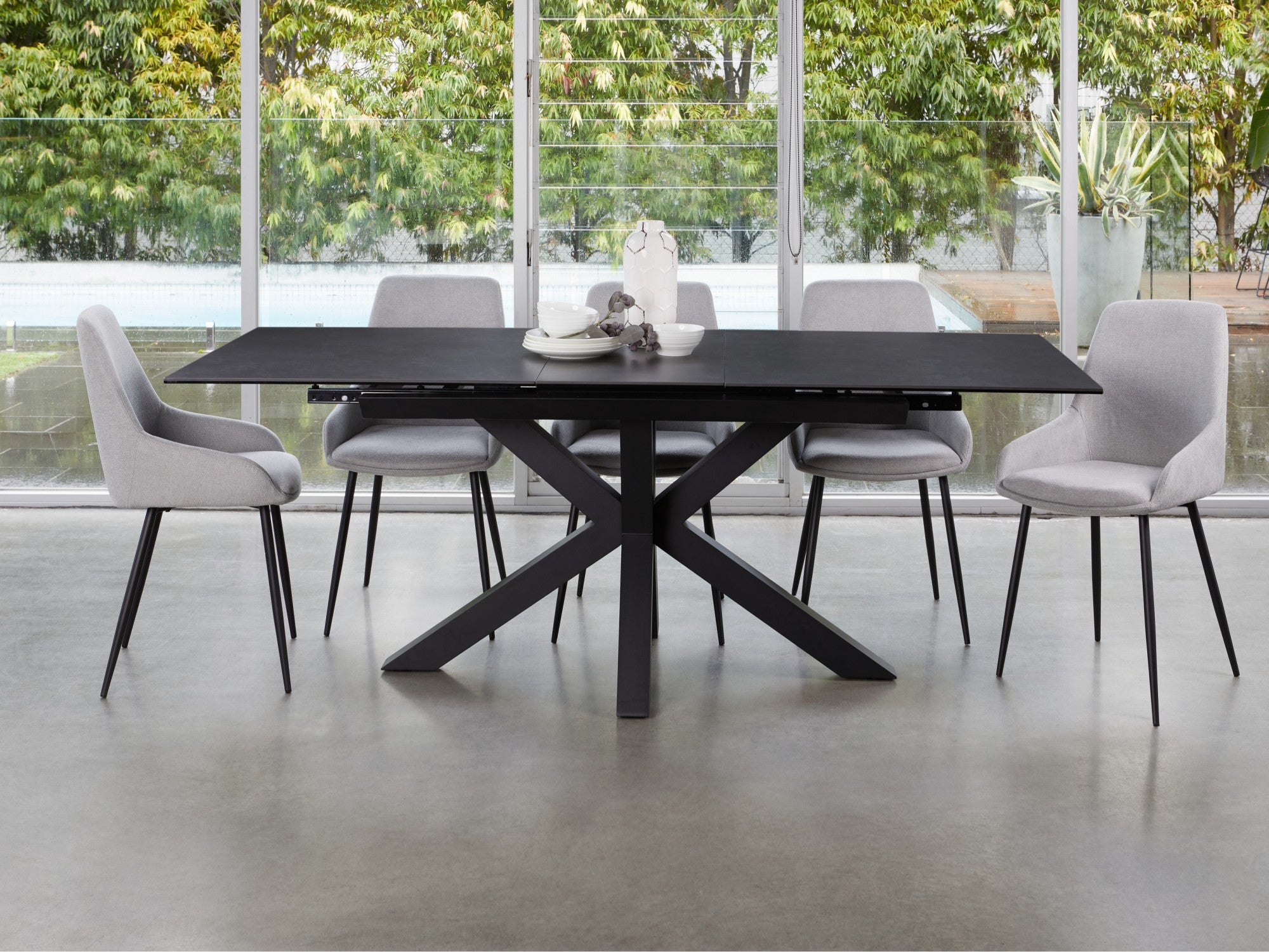 Venetti Extension Dining Table – Blizzard Stone Effect | Black Frame