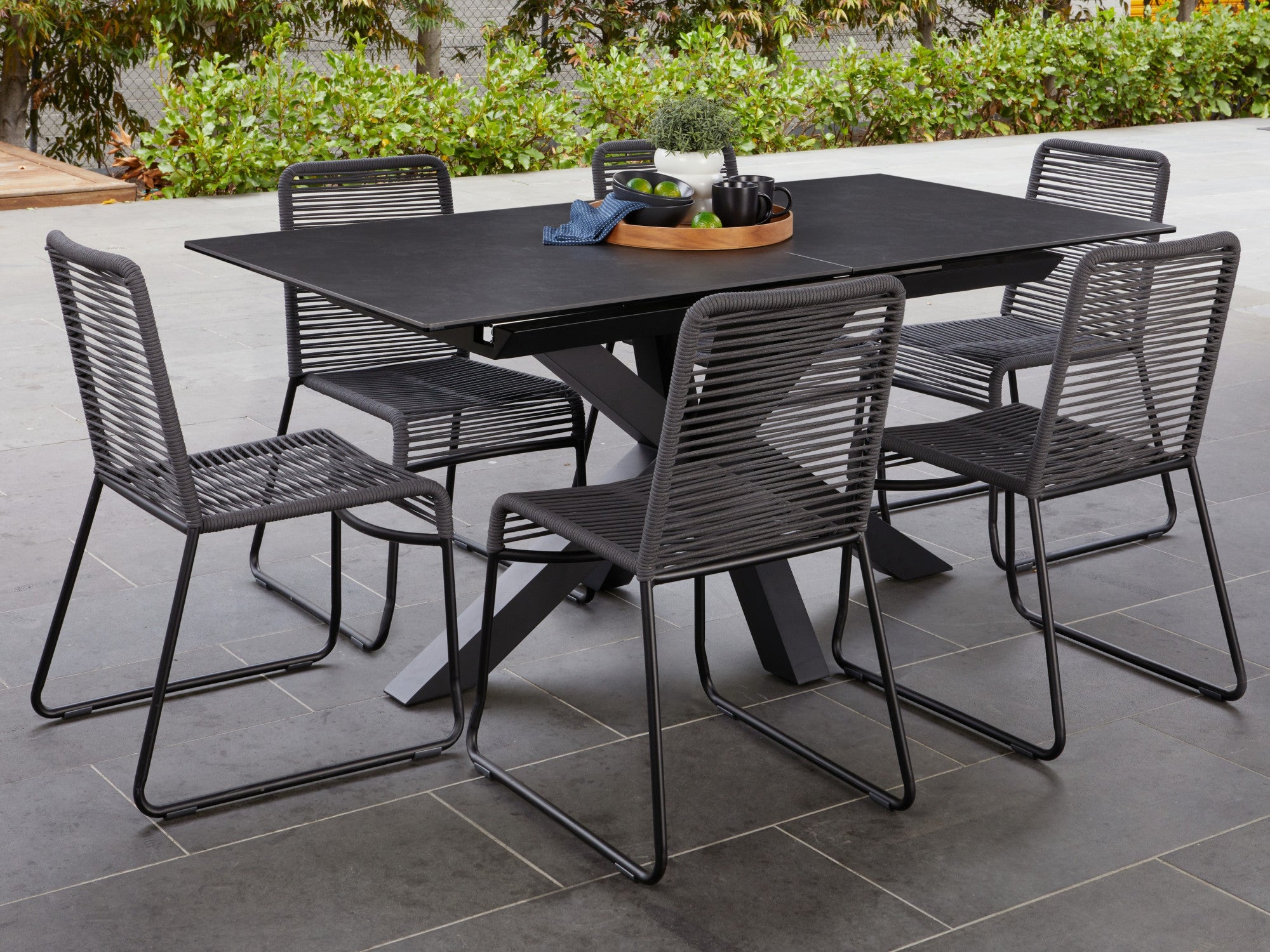 Venetti Extension Dining Table – Blizzard Stone Effect | Black Frame