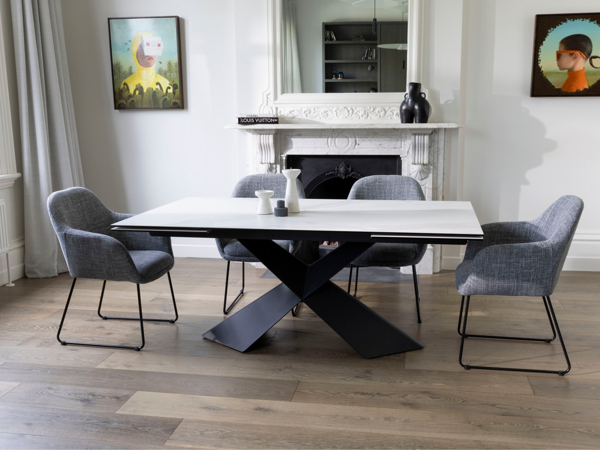 Zulu Extension Dining Table – Vermont Marble Effect | Black Frame