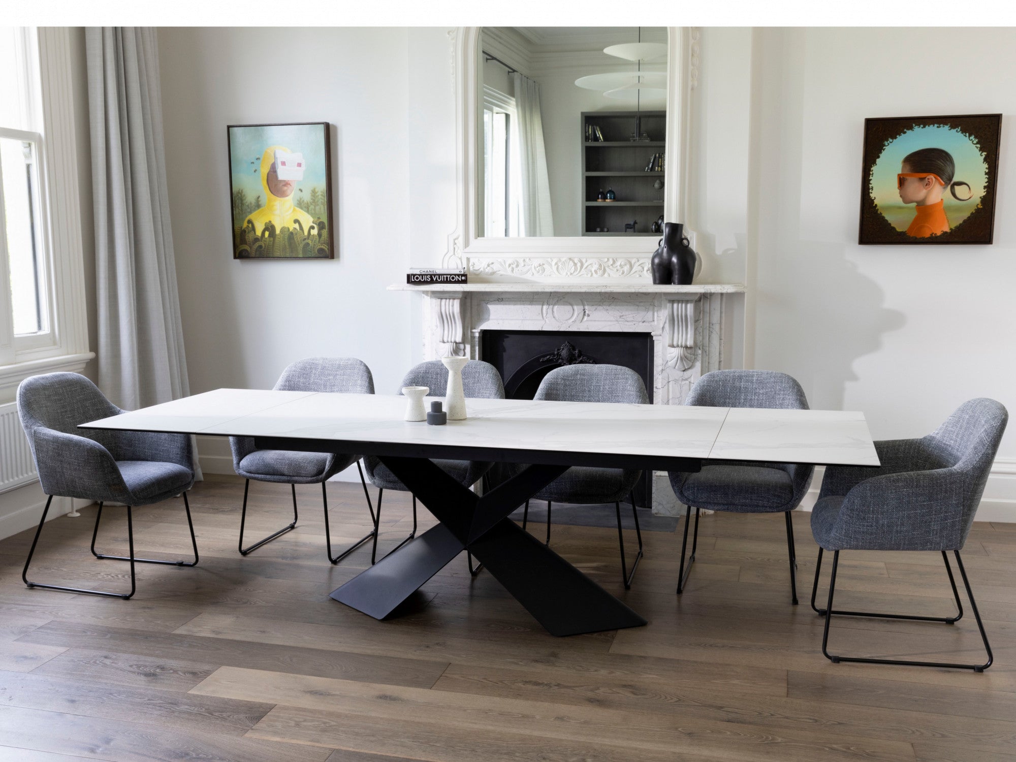 Zulu Extension Dining Table – Vermont Marble Effect | Black Frame